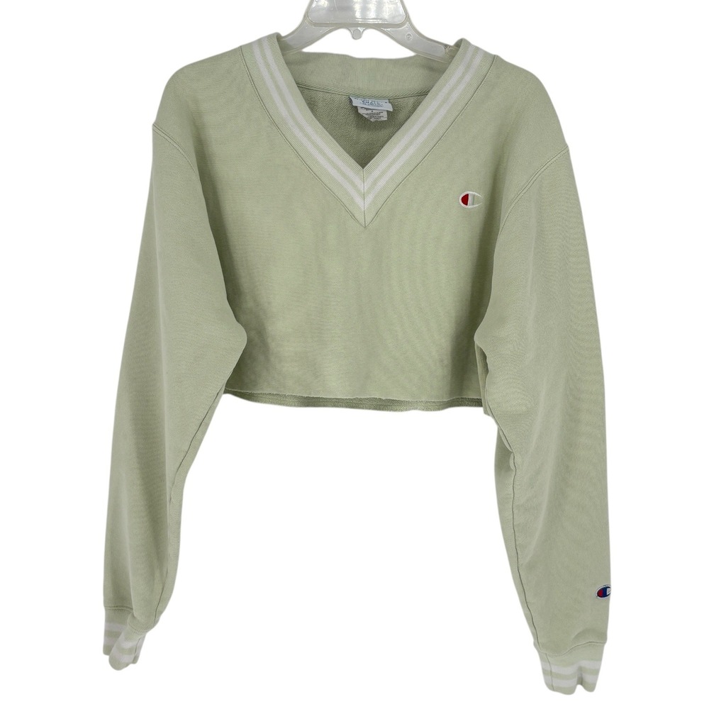 Champion Reverse Weave V Neck Cropped Sweatshirt Small Sage Green Distressed